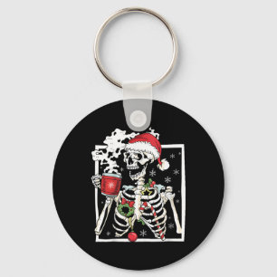 Kerstskelet Met Lachende Schedel Drinkend Koffie Sleutelhanger