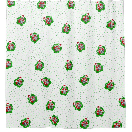 Kerstskelet Santa Hat Rode Groene Stippen Douchegordijn (Voorkant)