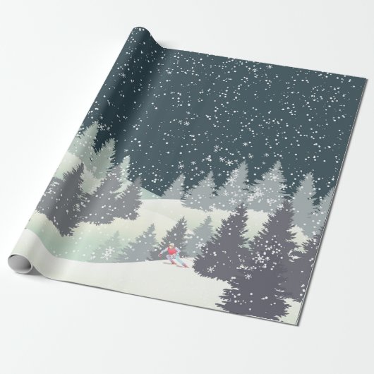 Kerstskiër in winterpijnen cadeaupapier (Uitgerold)