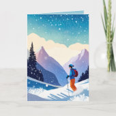 Kerstskiër op de berg feestdagen kaart (Voorkant)