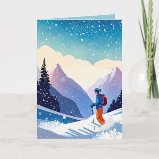 Kerstskiër op de berg feestdagen kaart (Voorkant)