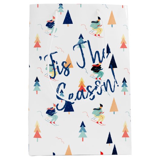 Kerstskiërs op wit medium cadeauzakje (Voorkant)