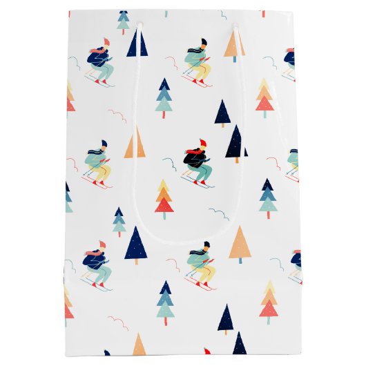 Kerstskiërs op wit medium cadeauzakje (Achterkant)