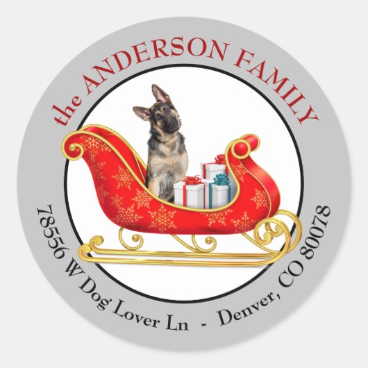 Kerstslede Duitse Herdershond Retouradres Ronde Sticker (Voorkant)