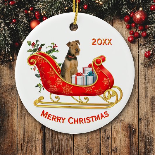 Kerstslee Airedale Terrier Hond Keramisch Ornament