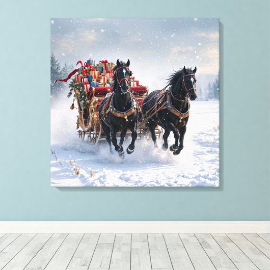 Kerstslee gevuld met cadeautjes canvas afdruk (Insitu (Houten vloer))