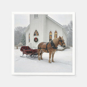 Kerstslee met paard getrokken wachtend bij een kap servet