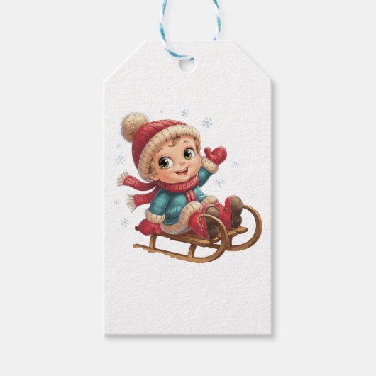 Kerstslee Ride met Schattig Winterkind Cadeaulabel (Voorkant)