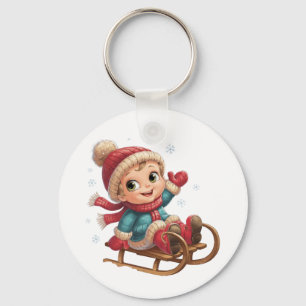 Kerstslee Ride met Schattig Winterkind Sleutelhanger
