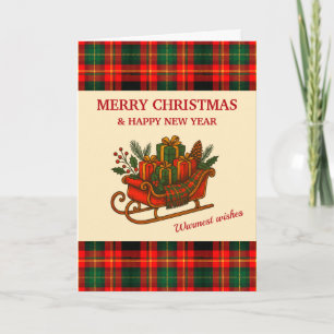 Kerstslee vintage met cadeaus en ruitdessin  feestdagen kaart