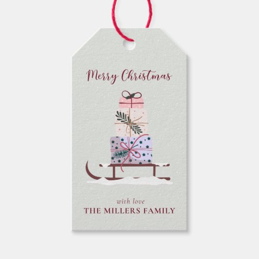 Kerstslee vol met cadeaus, lichtgroen cadeaulabel (Voorkant)