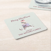 Kerstslee vol met cadeaus, lichtgroen kartonnen onderzetters (Schuin)