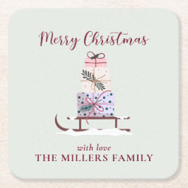 Kerstslee vol met cadeaus, lichtgroen kartonnen onderzetters