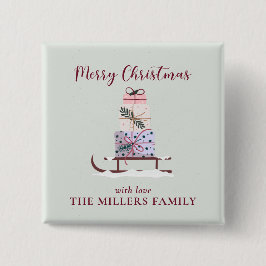 Kerstslee vol met cadeaus, lichtgroen vierkante button 5,1 cm