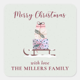 Kerstslee vol met cadeaus, lichtgroen vierkante sticker