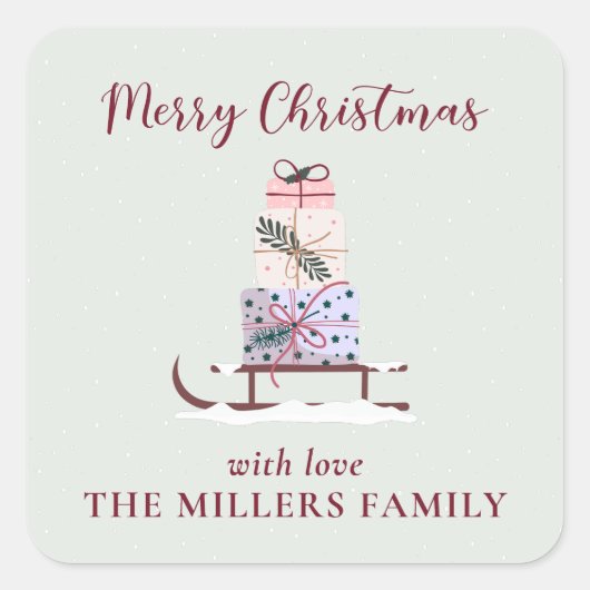 Kerstslee vol met cadeaus, lichtgroen vierkante sticker (Voorkant)