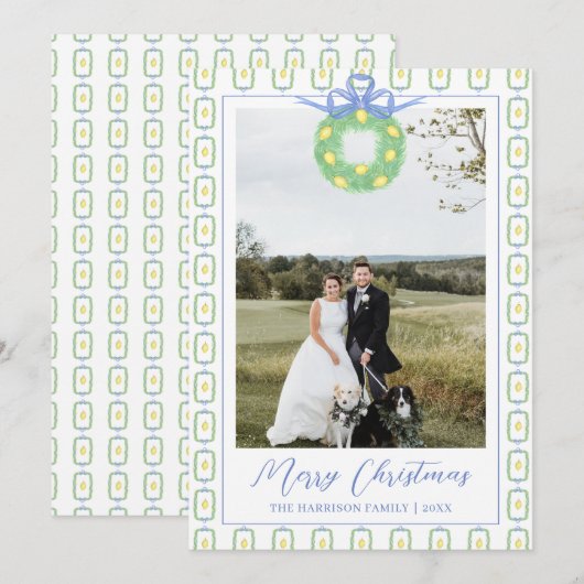 Kerstslinger Citroen Blauwe Strik Foto Vakantie Feestdagenkaart (Voorkant / Achterkant)