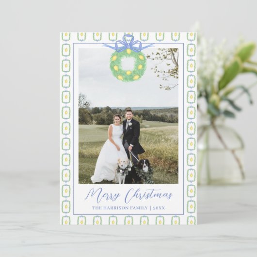 Kerstslinger Citroen Blauwe Strik Foto Vakantie Feestdagenkaart (Staand voorkant)