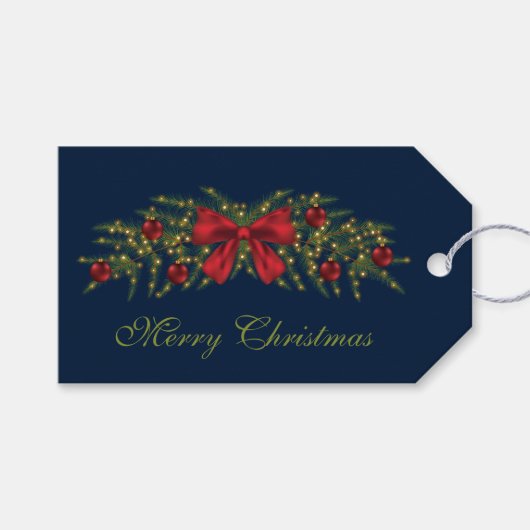 Kerstslinger met een rode strik en kerstballen cadeaulabel (Voorkant (Horizontaal))