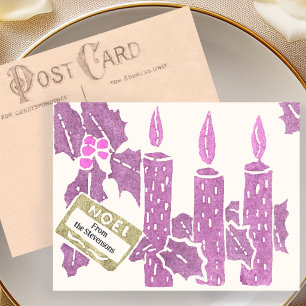 Kerstsnee linoleumsnede afdruk roze kaarsen briefkaart