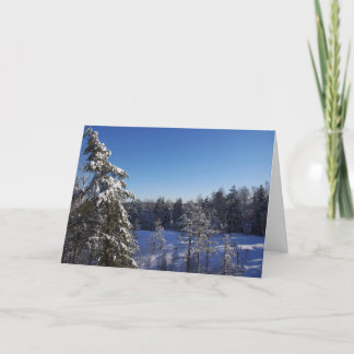 Kerstsneeuw bedekte bomen in het winterbos feestdagen kaart