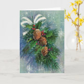 Kerstsneeuw & dennenappels midden eeuw kaart (Gele Bloem)