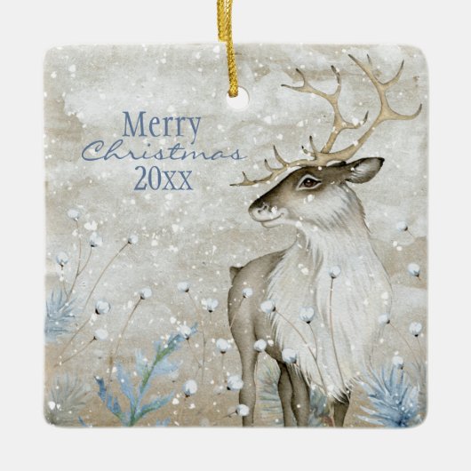 kerstsneeuw Dierendeer Typografie personaliseren Keramisch Ornament (Voorkant)