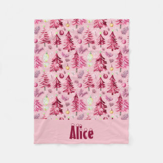 Kerstsneeuw en bomen Fuchsia & roze met naam Fleece Deken