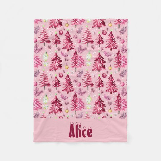 Kerstsneeuw en bomen Fuchsia & roze met naam Fleece Deken (Voorkant)