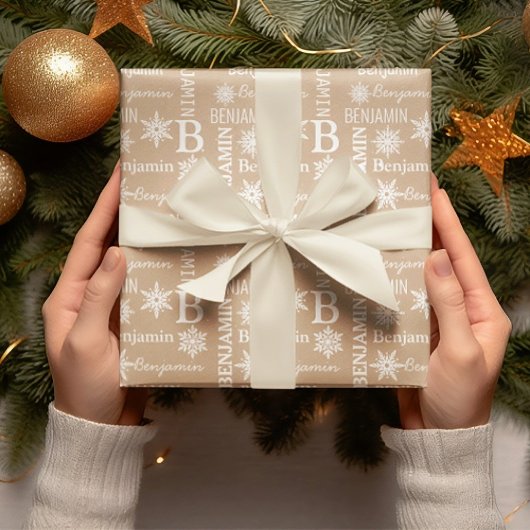 Kerstsneeuw Herhalende Naam Gepersonaliseerde Kraf Cadeaupapier