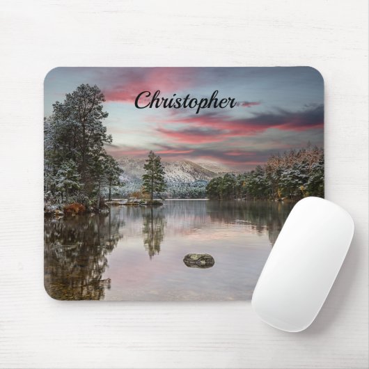 Kerstsneeuw landschap Schotse Loch Mousepad Muismat (Met muis)