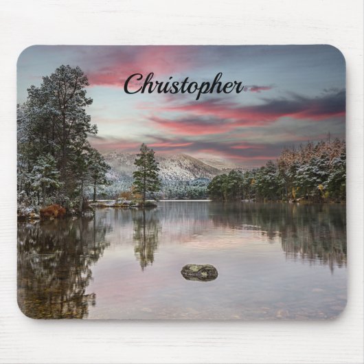 Kerstsneeuw landschap Schotse Loch Mousepad Muismat (Voorkant)
