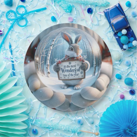 Kerstsneeuw Wereldbol met konijn Papieren Bordje (Feest)