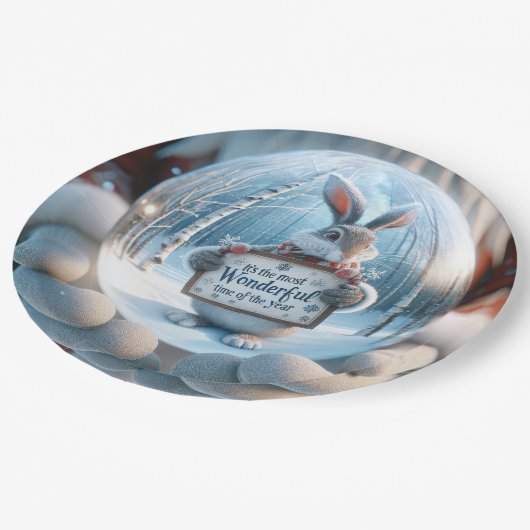 Kerstsneeuw Wereldbol met konijn Papieren Bordje (Gekanteld)