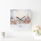 Kerstsneeuw Winter Wonderland Village Landschap Vierkante Klok (Huis)