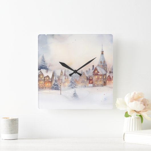 Kerstsneeuw Winter Wonderland Village Landschap Vierkante Klok (Huis)