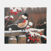 Kerstsneeuw Zwarte Pet Chickadee Red Berries Fleece Deken (Voorkant (Horizontaal))