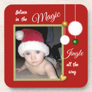 Kerstsneeuwballetjes met rode foto bier onderzetter