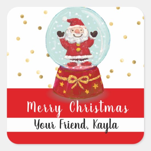 KerstsneeuwkerstWereldbol Santa Vierkante Sticker (Voorkant)