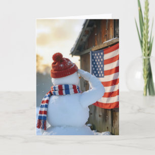 Kerstsneeuwman die een Amerikaanse vlag groet Kaart