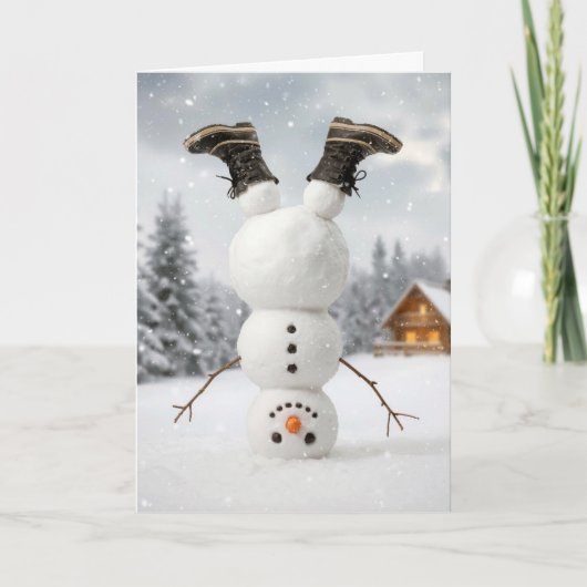 Kerstsneeuwman die een hoofdstand doet kaart (Voorkant)