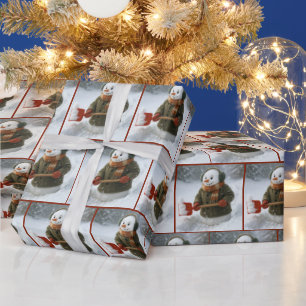 Kerstsneeuwman die sneeuw schept cadeaupapier