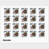 Kerstsneeuwman die sneeuw schept vierkante sticker (Vel)