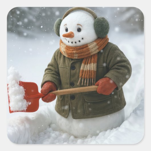 Kerstsneeuwman die sneeuw schept vierkante sticker (Voorkant)