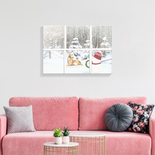 Kerstsneeuwman en -hert in raamruit canvas afdruk (Insitu (Woonkamer))