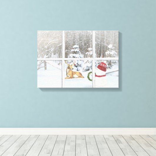 Kerstsneeuwman en -hert in raamruit canvas afdruk (Insitu (Houten vloer))