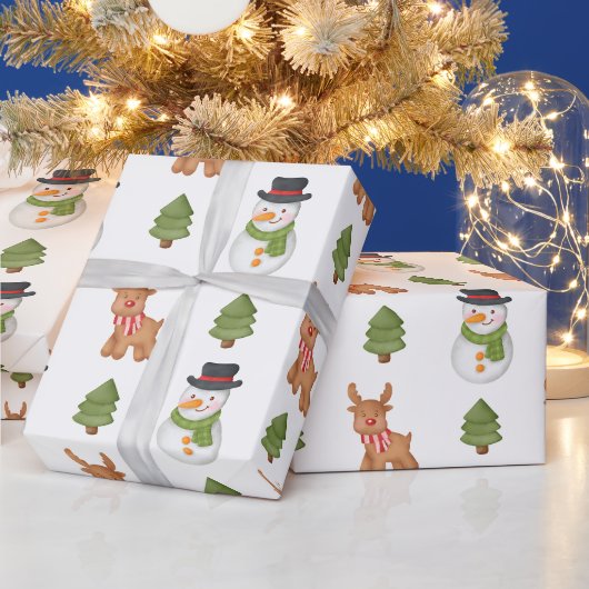 Kerstsneeuwman en rendieren Wit Cadeaupapier (Feestdagen)