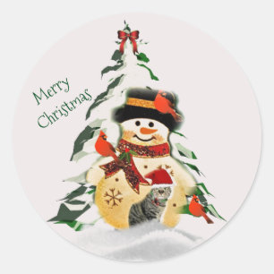 Kerstsneeuwman en vogels ronde sticker