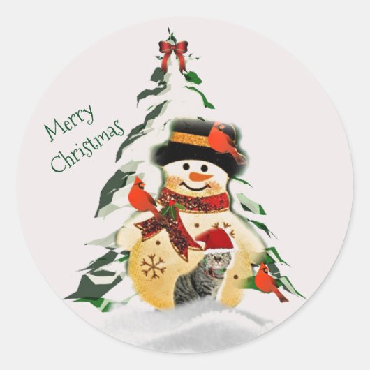 Kerstsneeuwman en vogels ronde sticker (Voorkant)