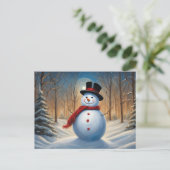 Kerstsneeuwman in het bos feestdagenkaart (Staand voorkant)